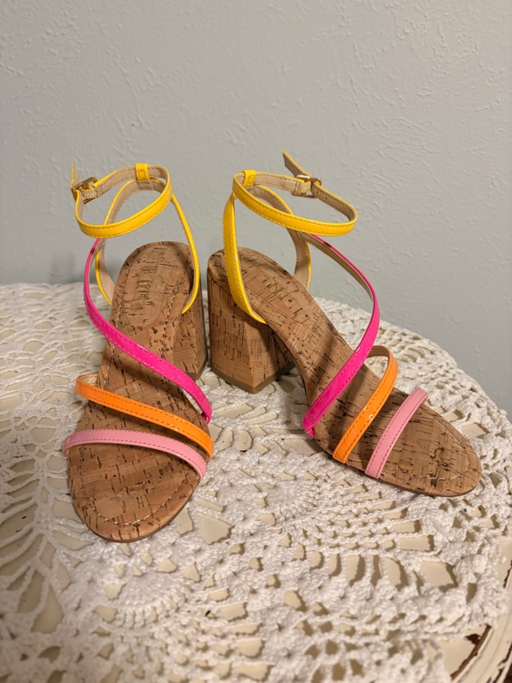 Jessica Simpson Multicolor Strappy Block Heel Sandals - Pink, Orange & Yellow